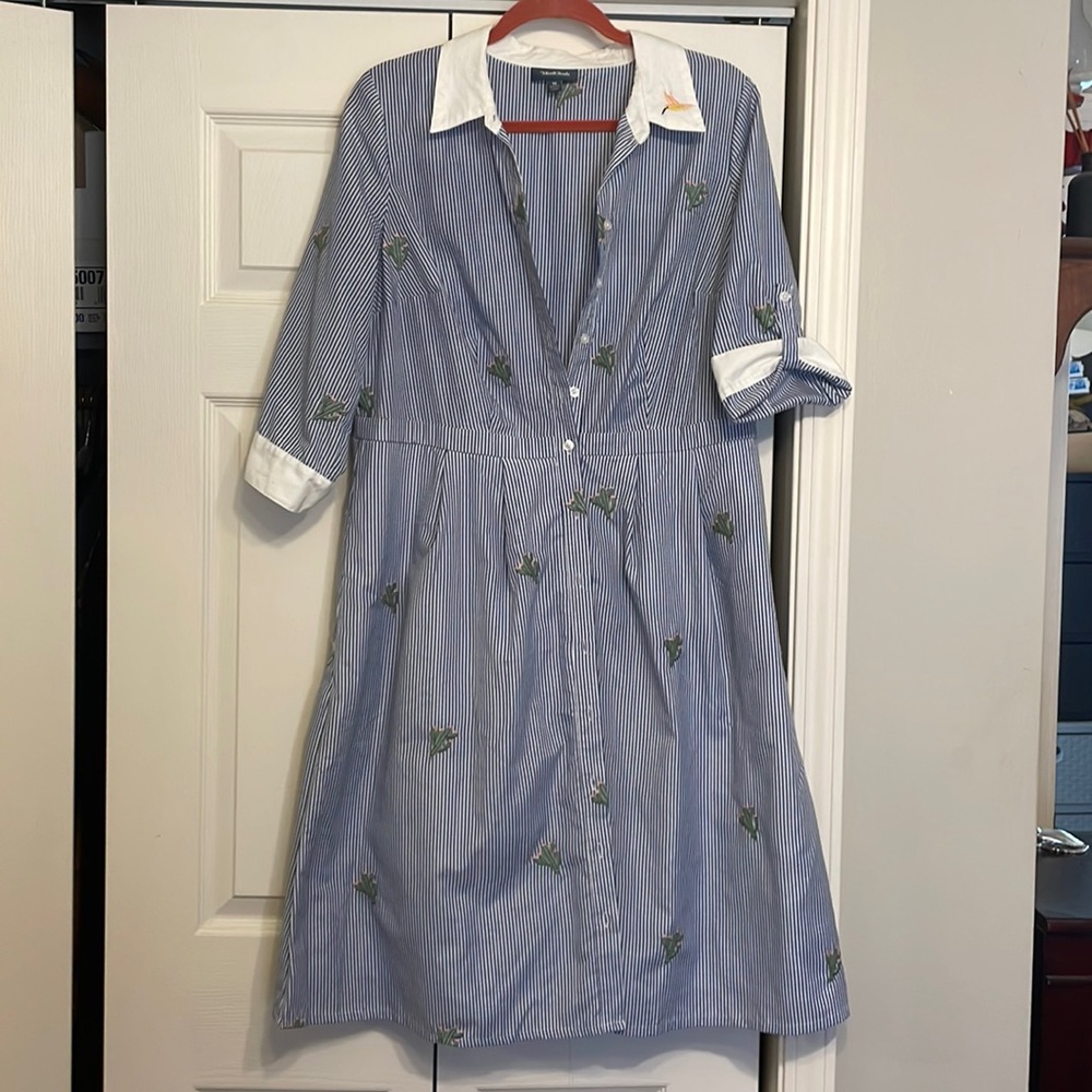 MODCLOTH NWOT striped blue/white cactus and hummingbird dress